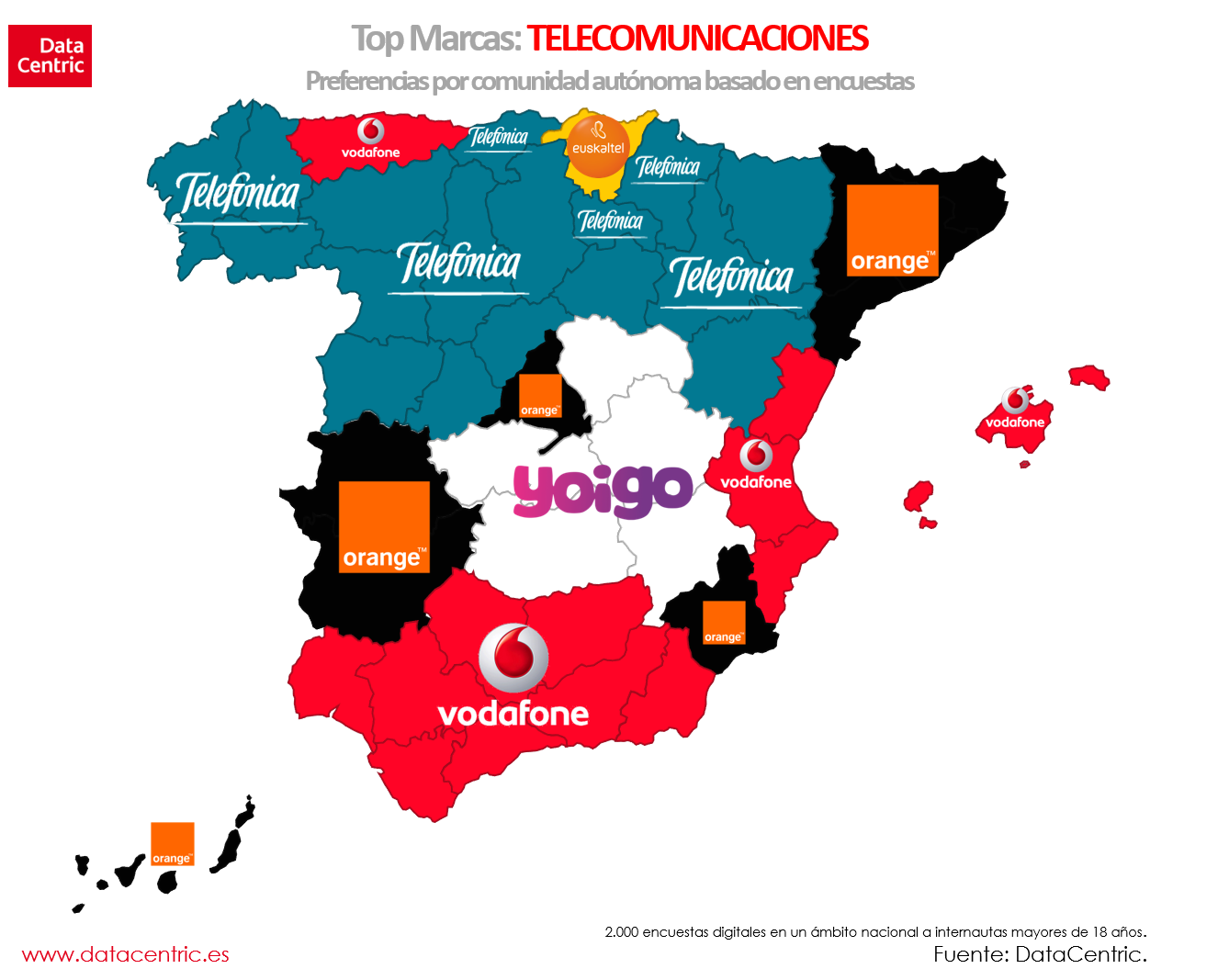 Mapa de top marcas de TELECOMUNICACIONES en España