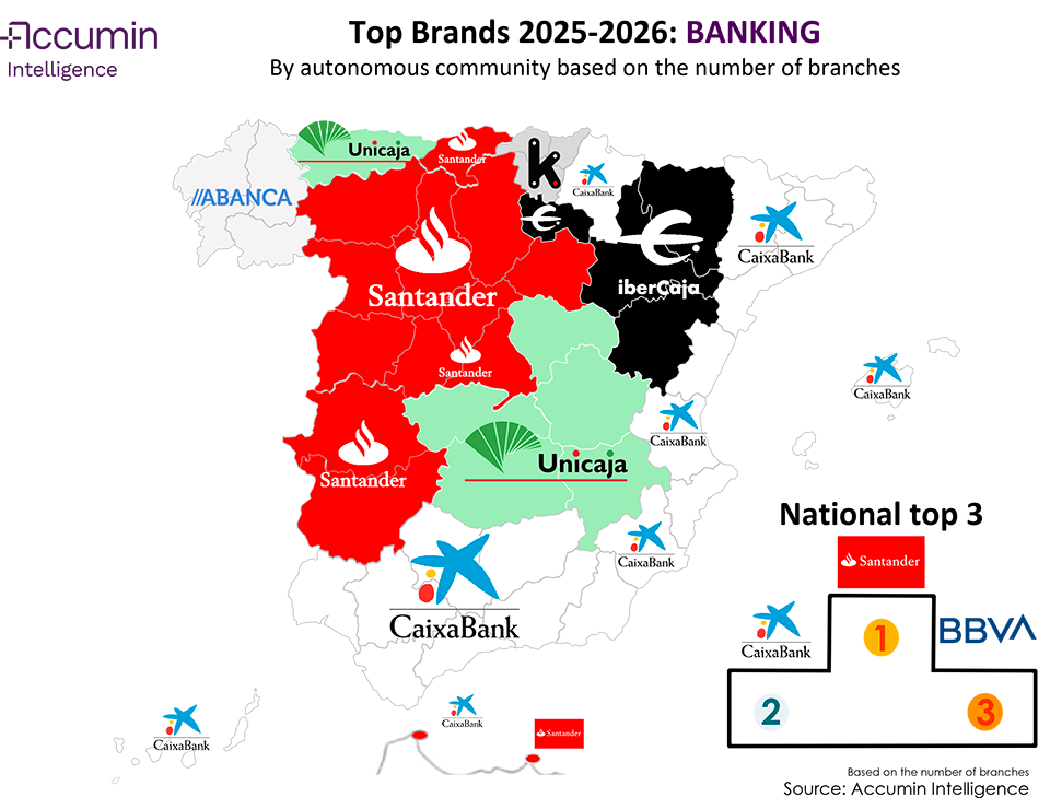 Map of Spain banking by number of branches in 2025-2026 by region