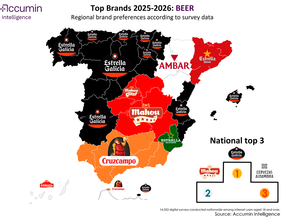 Map of Spain of favourite beer brands in 2025-2026 by autonomous community