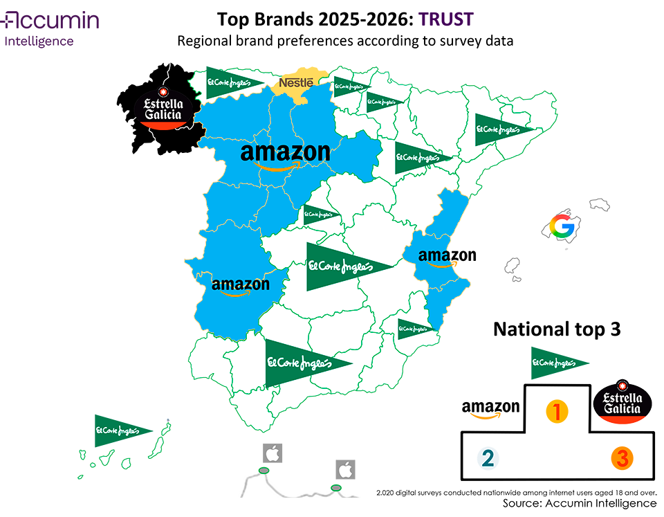 Map of Spain most trusted brands in 2025-2026 by region