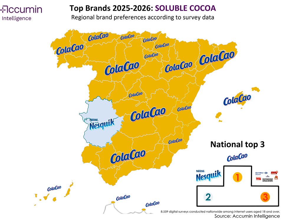 Map of Spain of favourite soluble cocoa brands in 2025-2026 by region