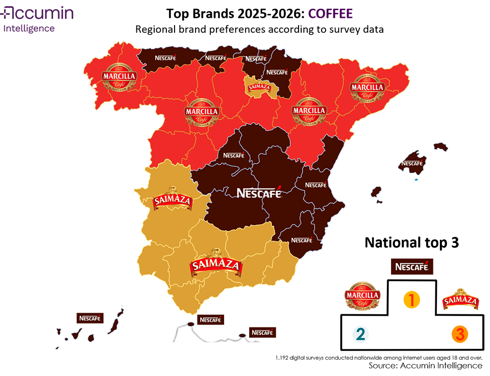 Map of Spain of favourite coffee brands in 2025-2026 by autonomous community
