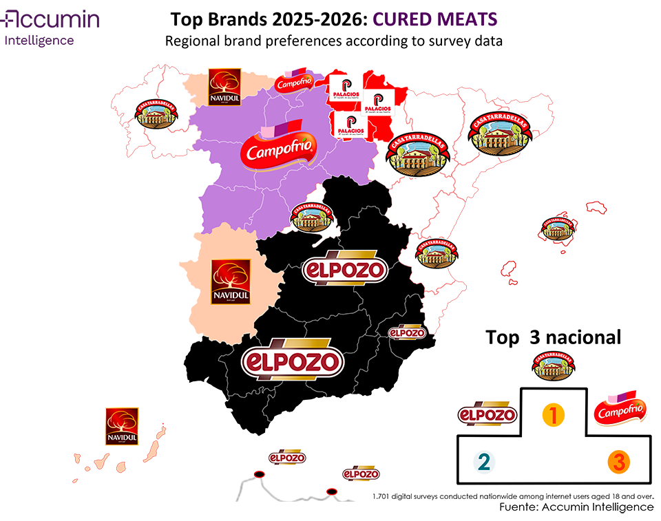 Map of Spain of favourite cured meat brands in 2025-2026 by region