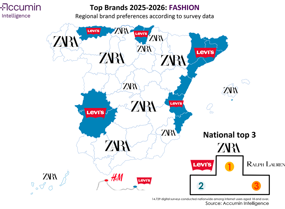 Map of Spain of favourite fashion brands in 2025-2026 by region