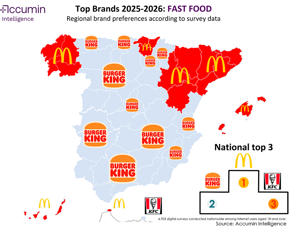 Map of Spain of favourite fast-food brands in 2025-2026 by region