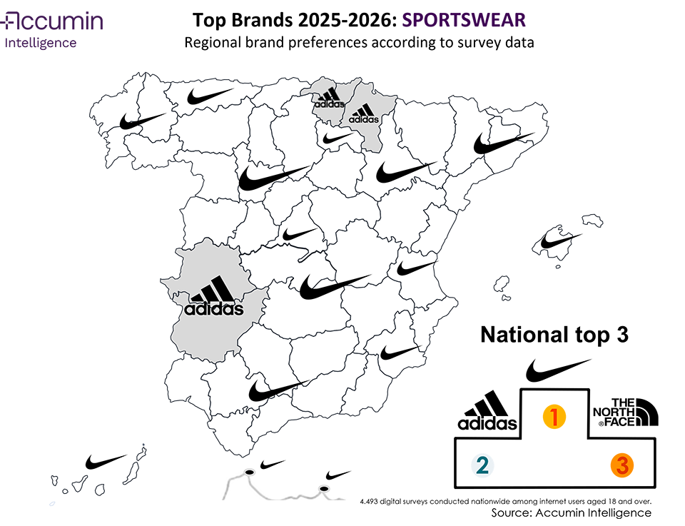 Map of Spain of favourite sportswear brands in 2025-2026 by region