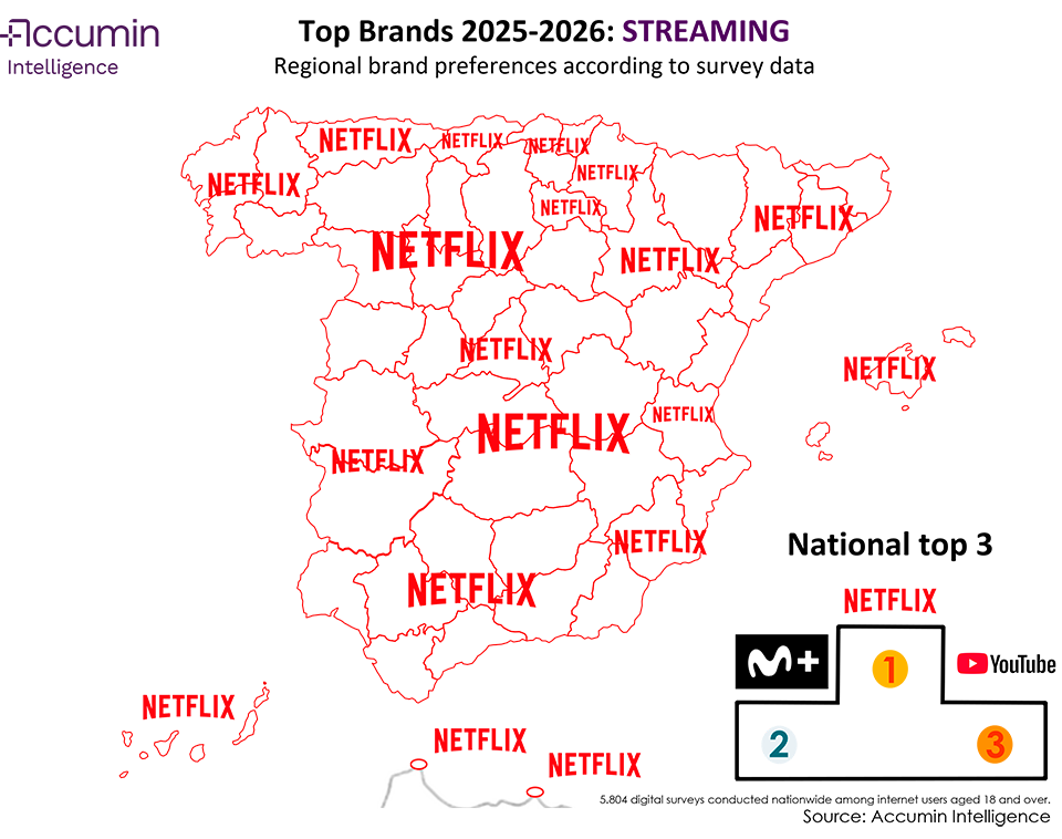 Map of Spain of favourite streaming platforms in 2025-2026 by region