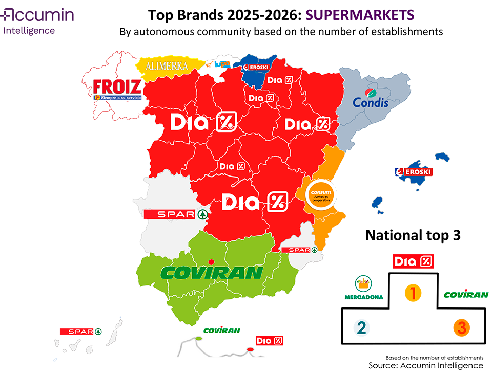 Map of Spain supermarket brands by number of establishment in 2025-2026 by region